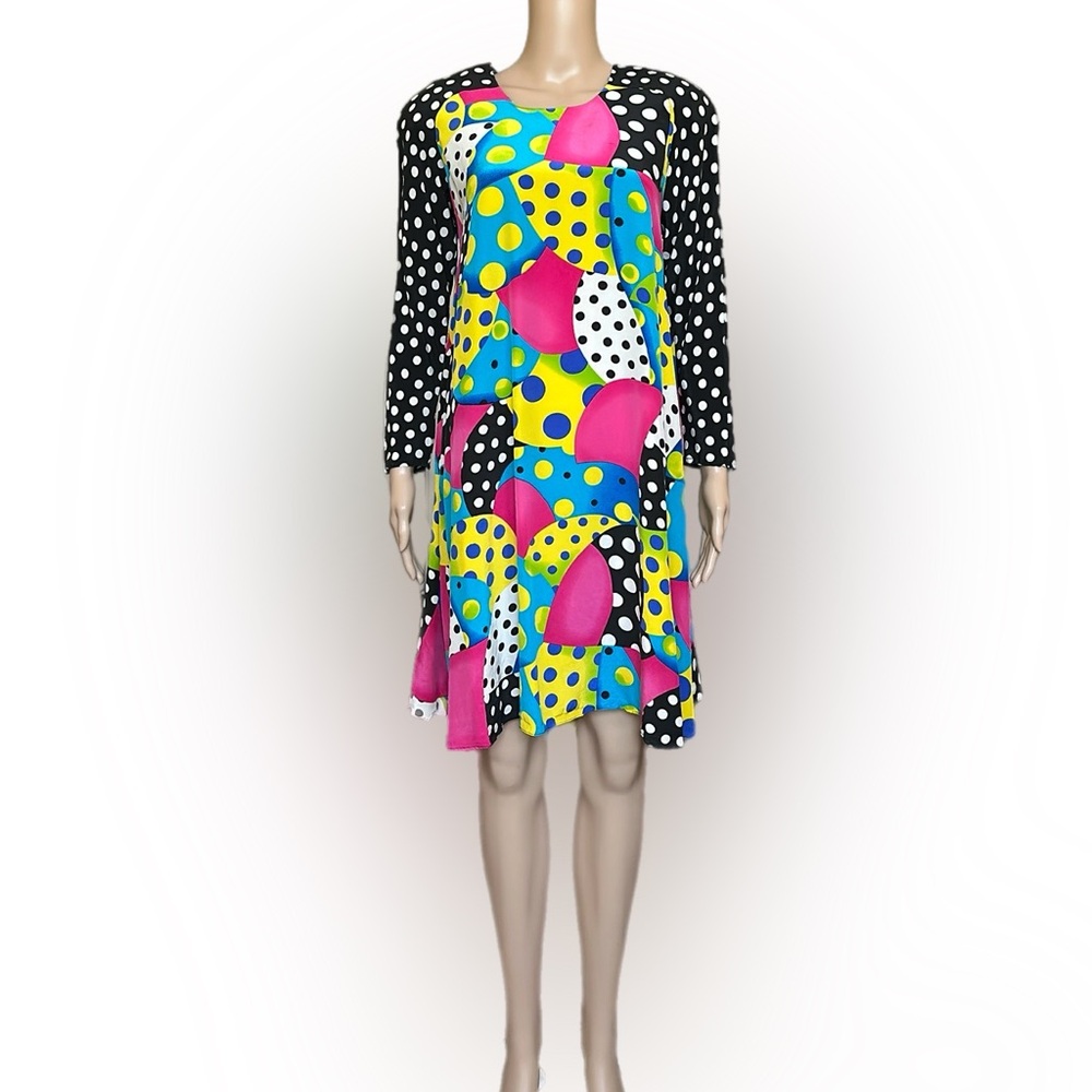 Vintage 80s Pat Argenti Colorful Polka Dot Silk A-Line Dress Size 6